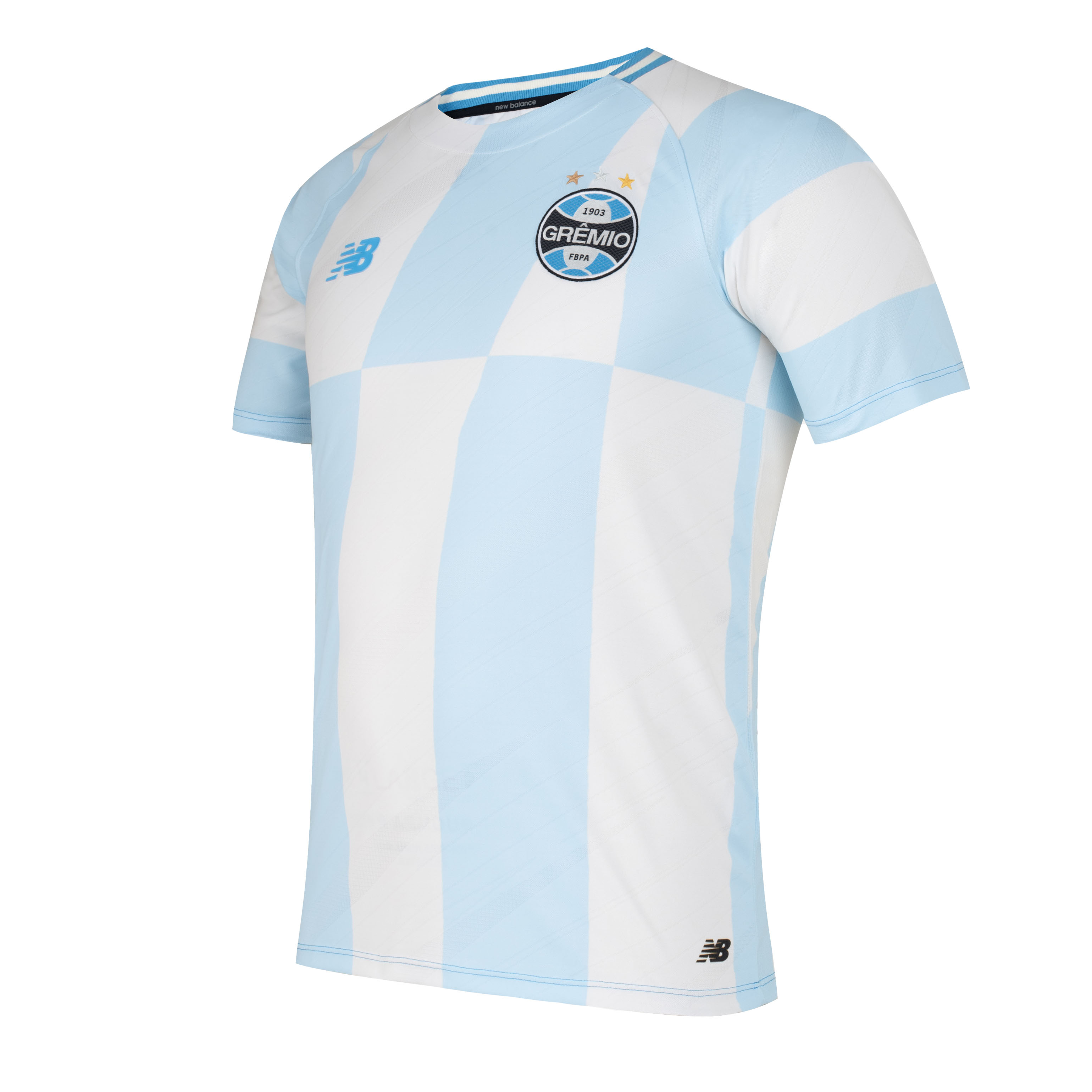 Vista traseira da camisa masculina Grêmio II New Balance mostrando logos Banrisul e Unimed